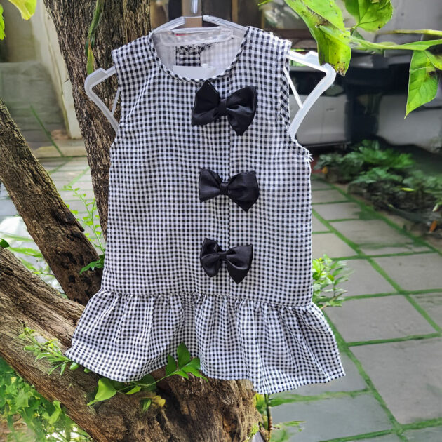 Black white check dress with ribbon bow